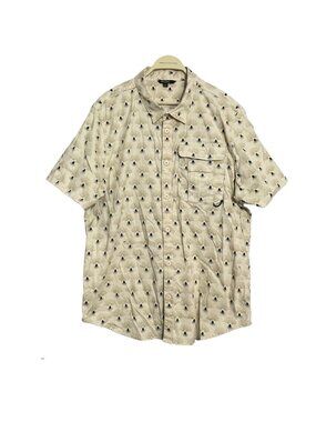 Stoic Button Camp Shirt Men Size XL Hawaiian Hawaii Beige Retro Patterned Pocket